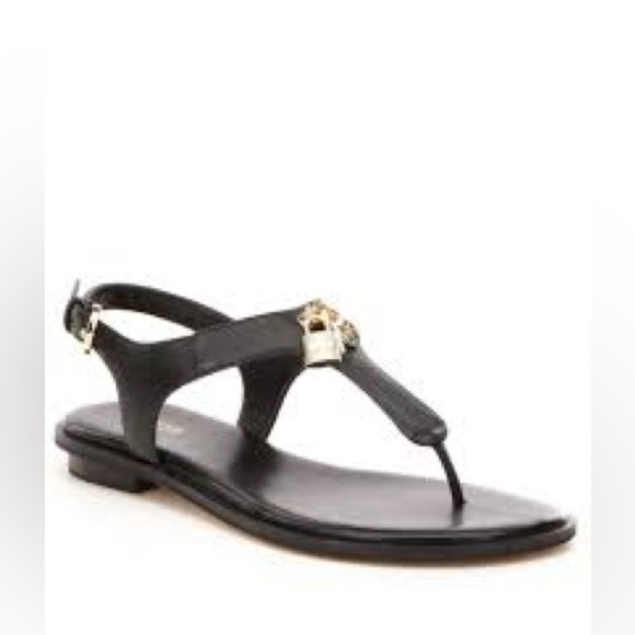 Michael Michael Kors black leather thong sandal gold lock charms size 8.5 - Picture 1 of 9